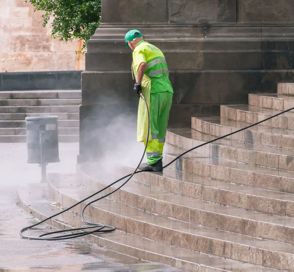 Outdoor staircase pressure washing at a Huntsville, AL commercial building