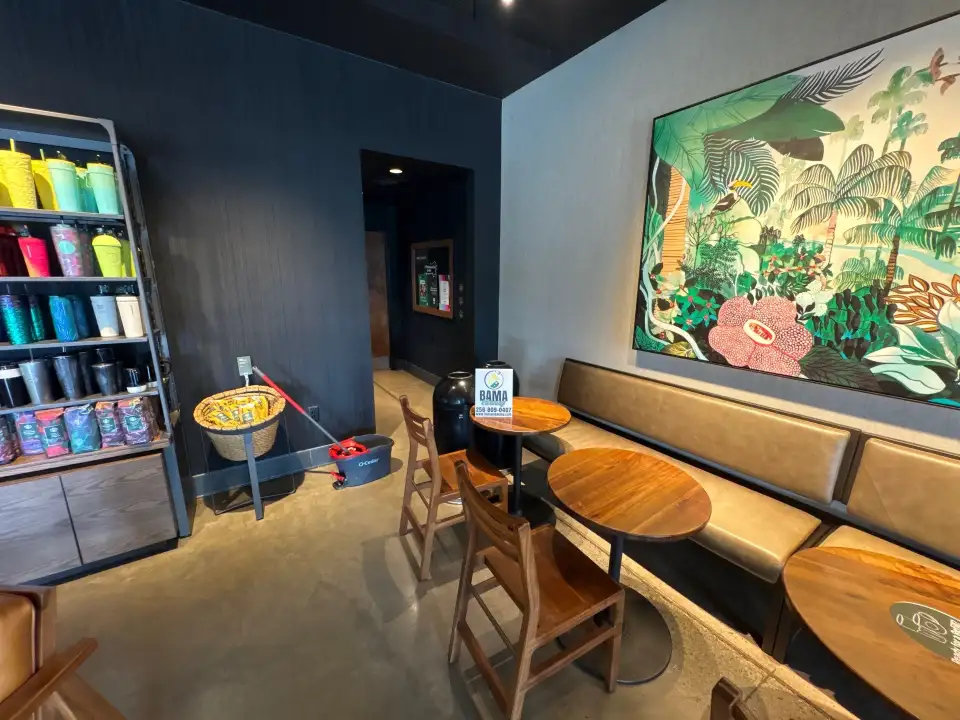 Clean cafe seating area in a Huntsville, AL coffee shop