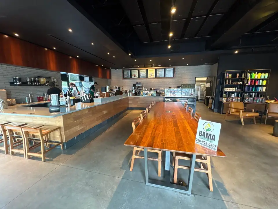 Wide view of a clean cafe dining space in Huntsville, AL