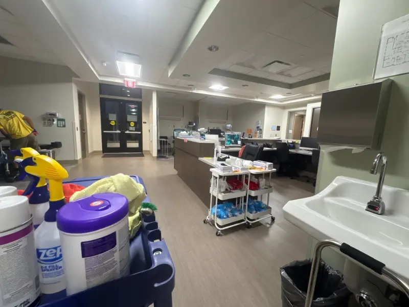 Sanitized emergency room reception desk in a Huntsville, AL medical facility