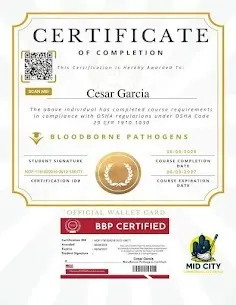 Bloodborne Pathogens certificate of completion awarded to Cesar Garcia